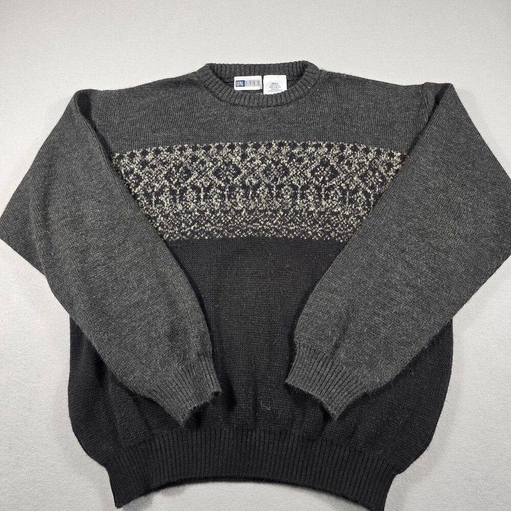 Vintage UNTIED Gray Black Crewneck Sweater Men's Large Retro Knit Print 90s